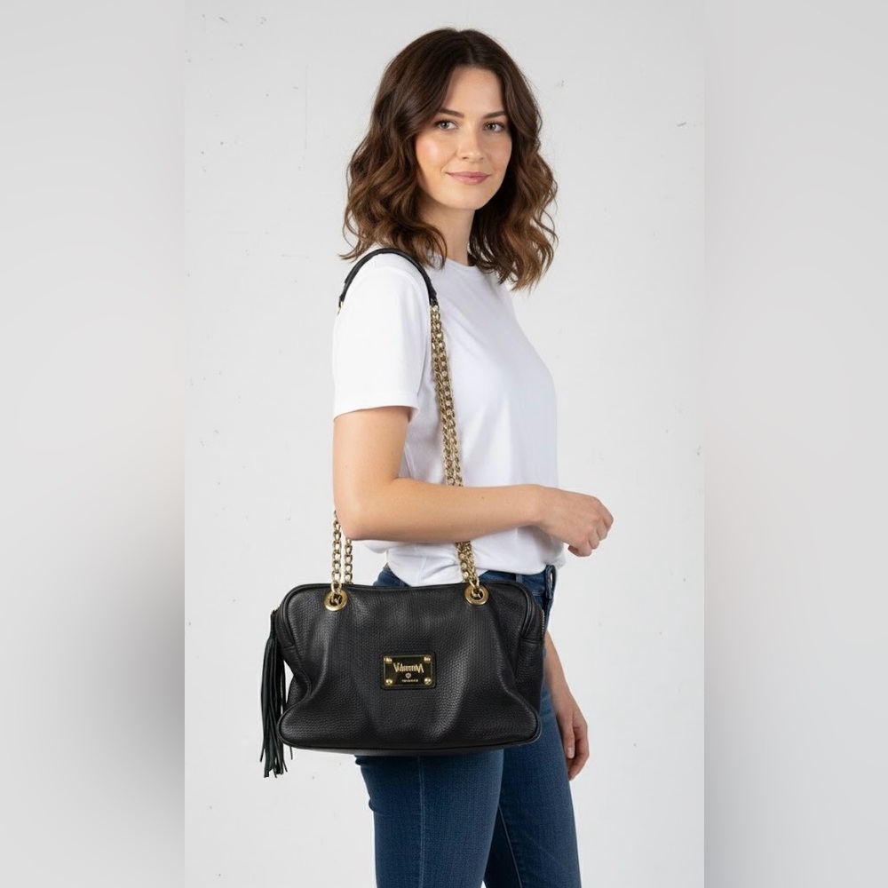 Valentina Black Leather Shoulder Bag with Gold Chain